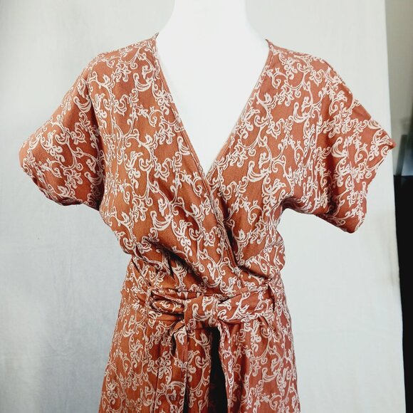 Chocolate U.S.A., Short Romper, Terracotta/Cream Print, Zip Back, Waist Tie SZ L - Picture 6 of 14